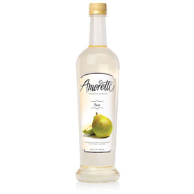 Amoretti Premium Pear Syrup bottle, natural flavors for beverages and breakfast treats.