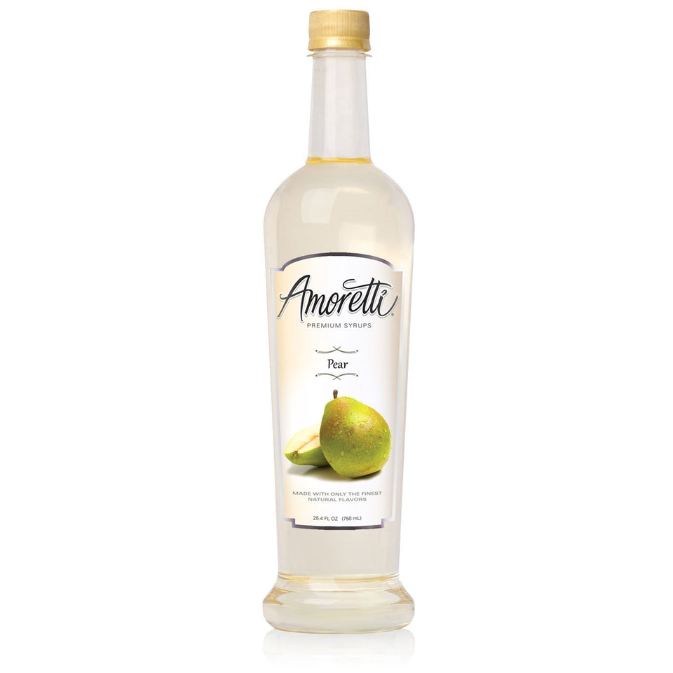Amoretti Premium Pear Syrup bottle, natural flavors for beverages and breakfast treats.