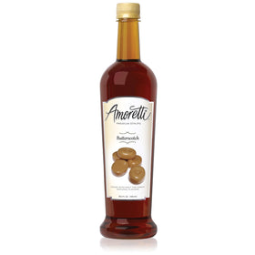 Amoretti Premium Butterscotch Syrup bottle pour delivers rich, natural flavor for desserts.
