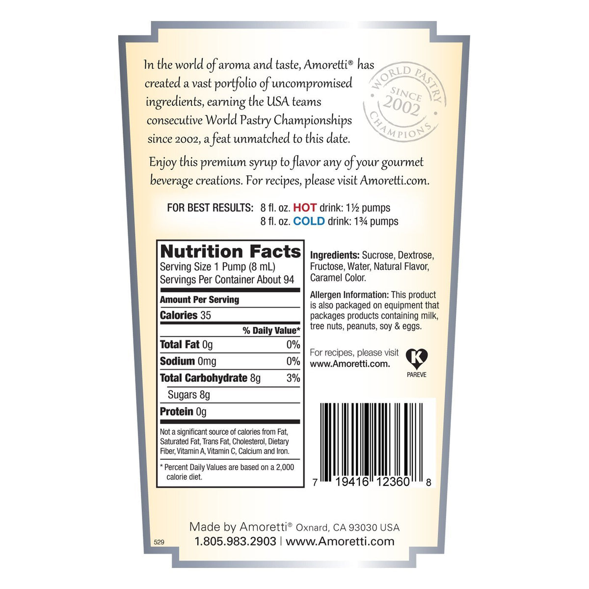 Amoretti Premium Butterscotch Syrup pump enables quick, consistent drizzle on coffee and ice cream.