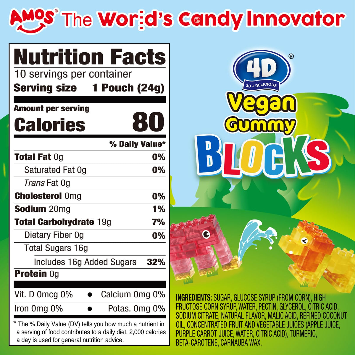 AMOS 4D brick-shaped gummies ready to build and snack after school.