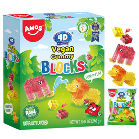 AMOS 4D vegan gummy blocks stacked for creative play and fruity flavor.