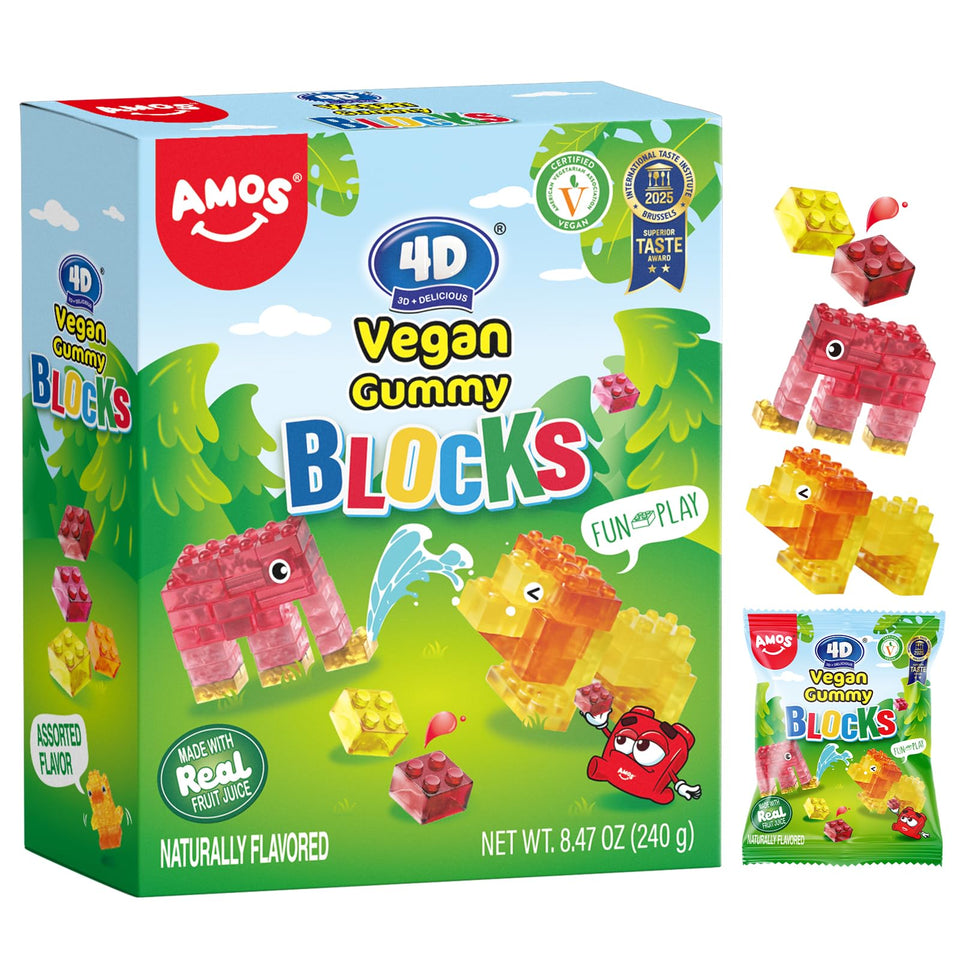 AMOS 4D vegan gummy blocks stacked for creative play and fruity flavor.