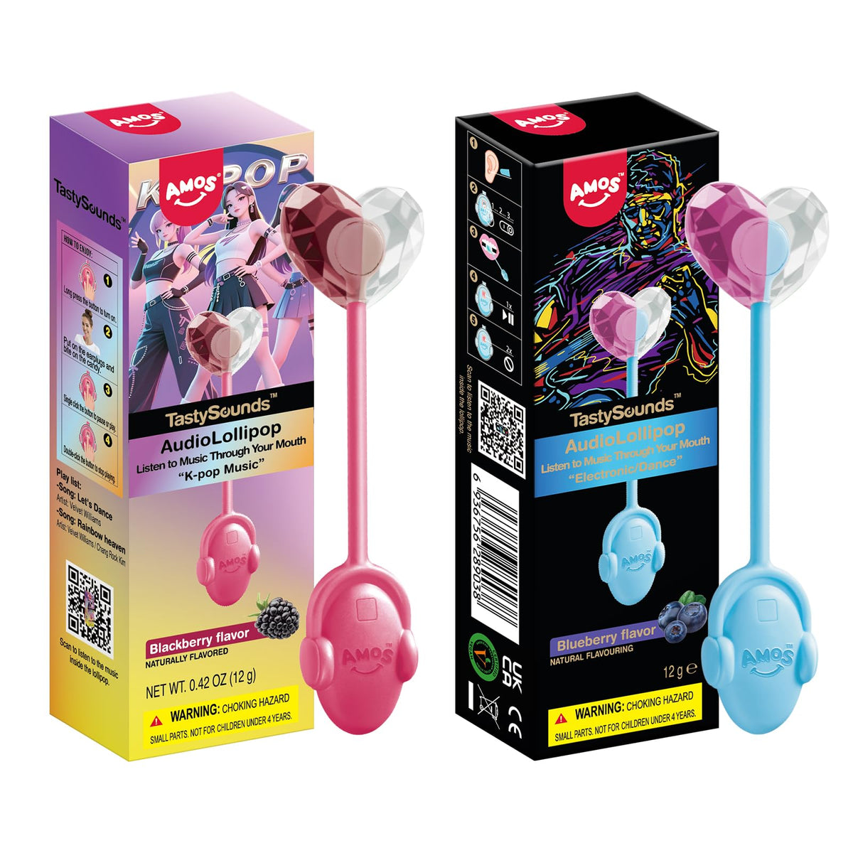 AMOS Audio Music Lollipop Blackberry-Blueberry pack shows sugar-free treat with interactive sound