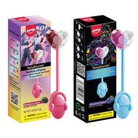 AMOS Audio Music Lollipop Blackberry-Blueberry pack shows sugar-free treat with interactive sound