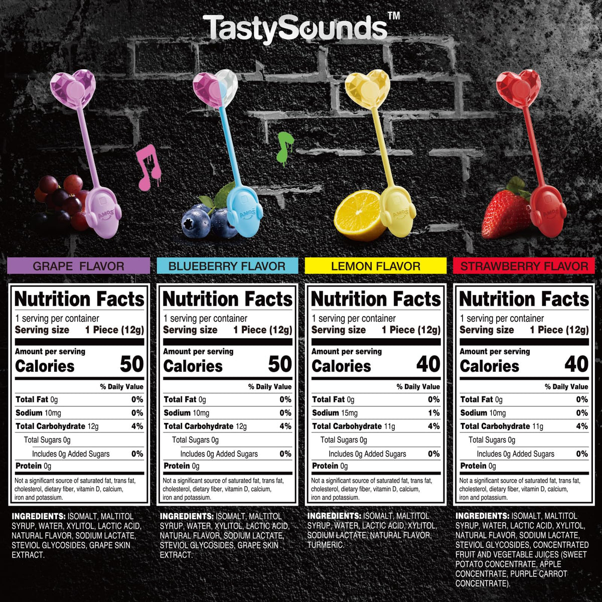 AMOS Fruit Flavors Assorted display highlighting natural taste with music.