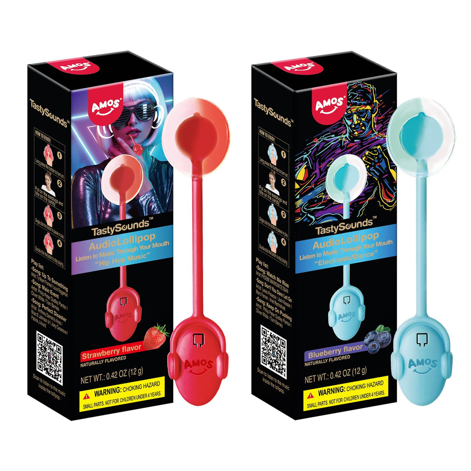 Amos Music Lollipop bone-conduction closeup; music and flavor in one bite.