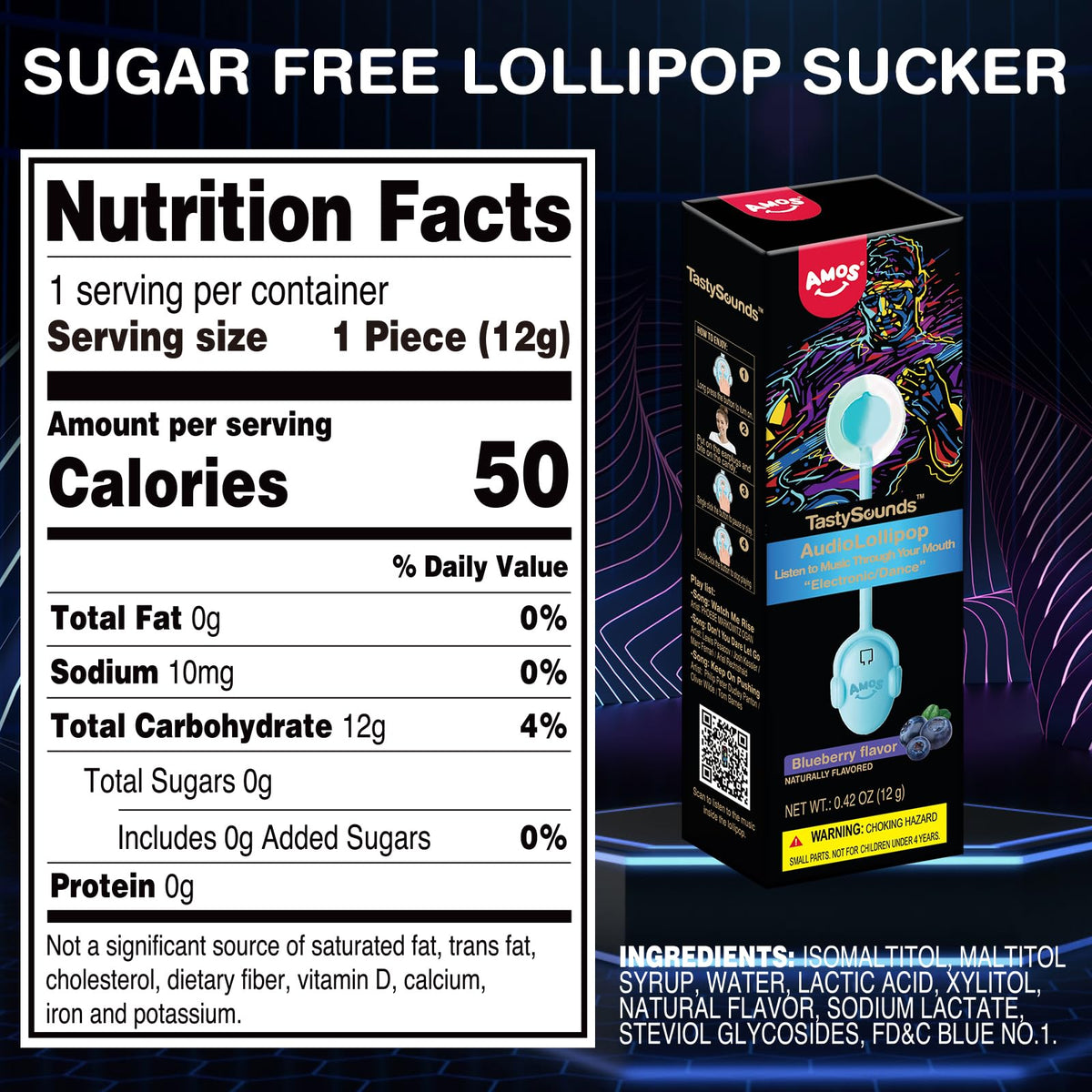 Amos Music Lollipop fat-free treat; a light indulgence.