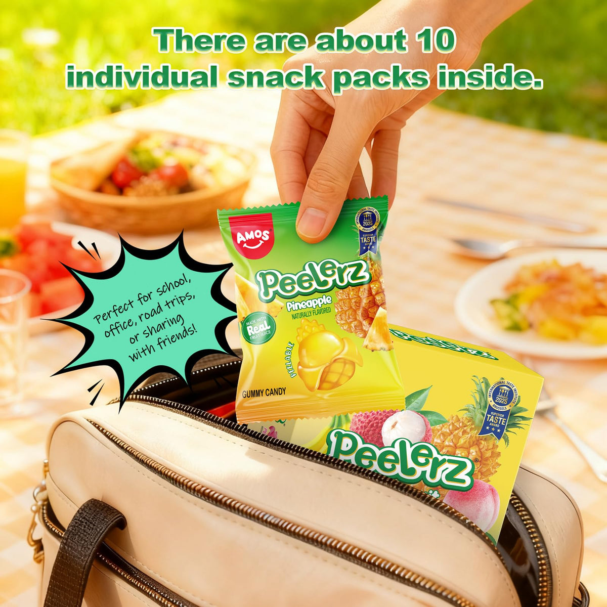 AMOS Peelerz 10-pack box provides convenient multi-pack for on-the-go snacking.