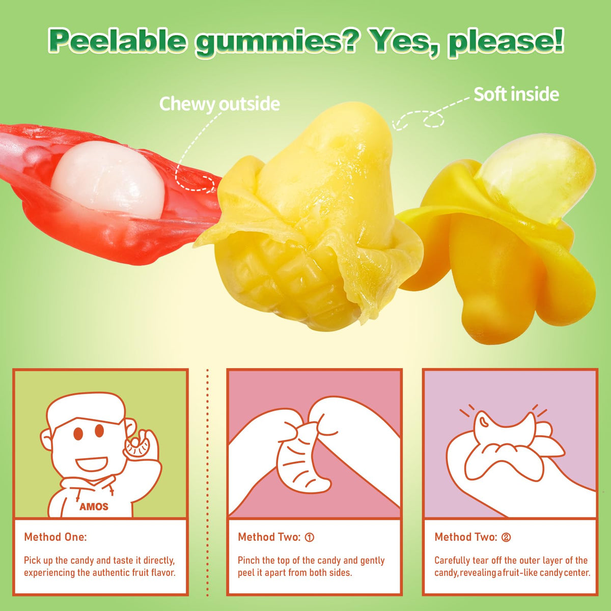 AMOS Peelerz Lychee gummy offers delicate aroma and peelable bite.