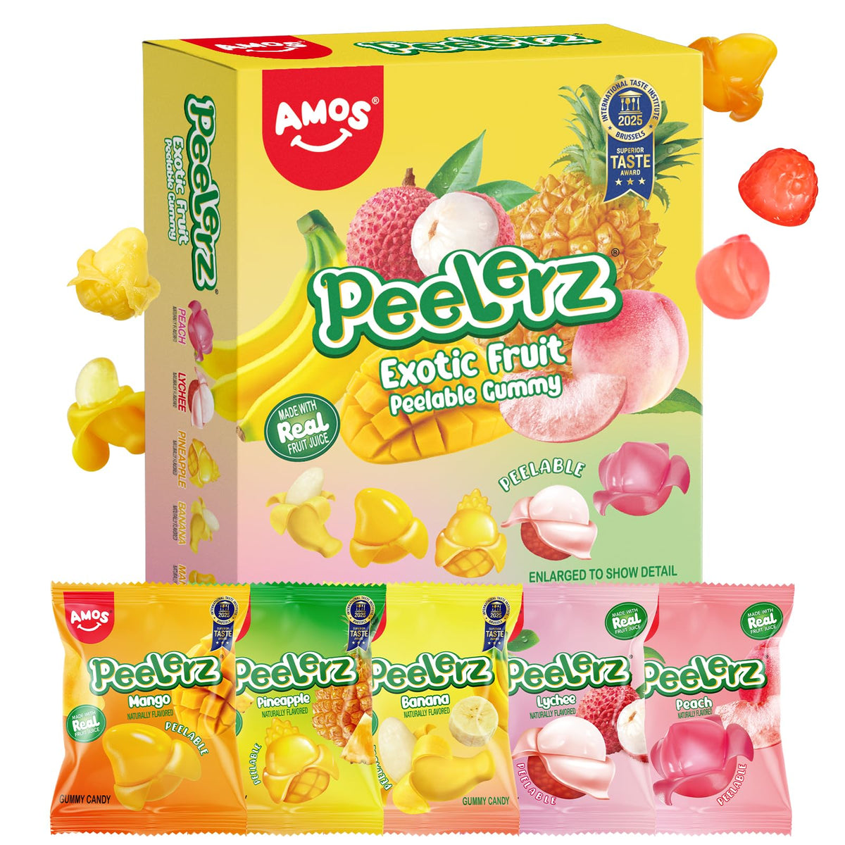 AMOS Peelerz Peach gummy offers bright aroma and peelable fun for kids.