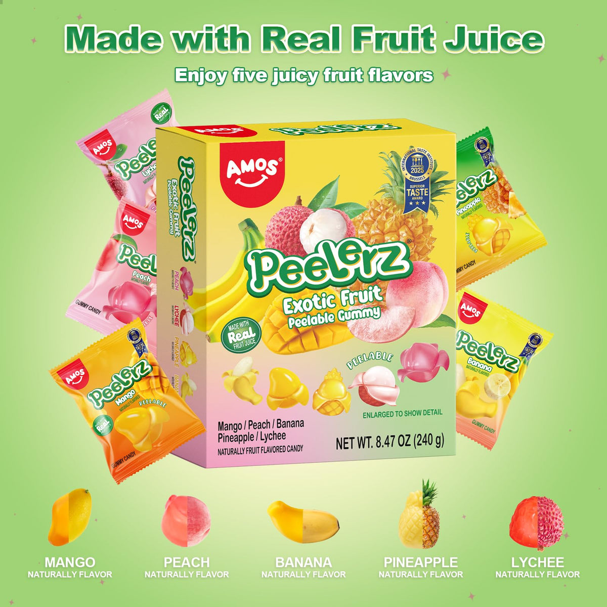 AMOS Peelerz Pineapple gummy blends tangy-sweet flavor with interactive peeling.