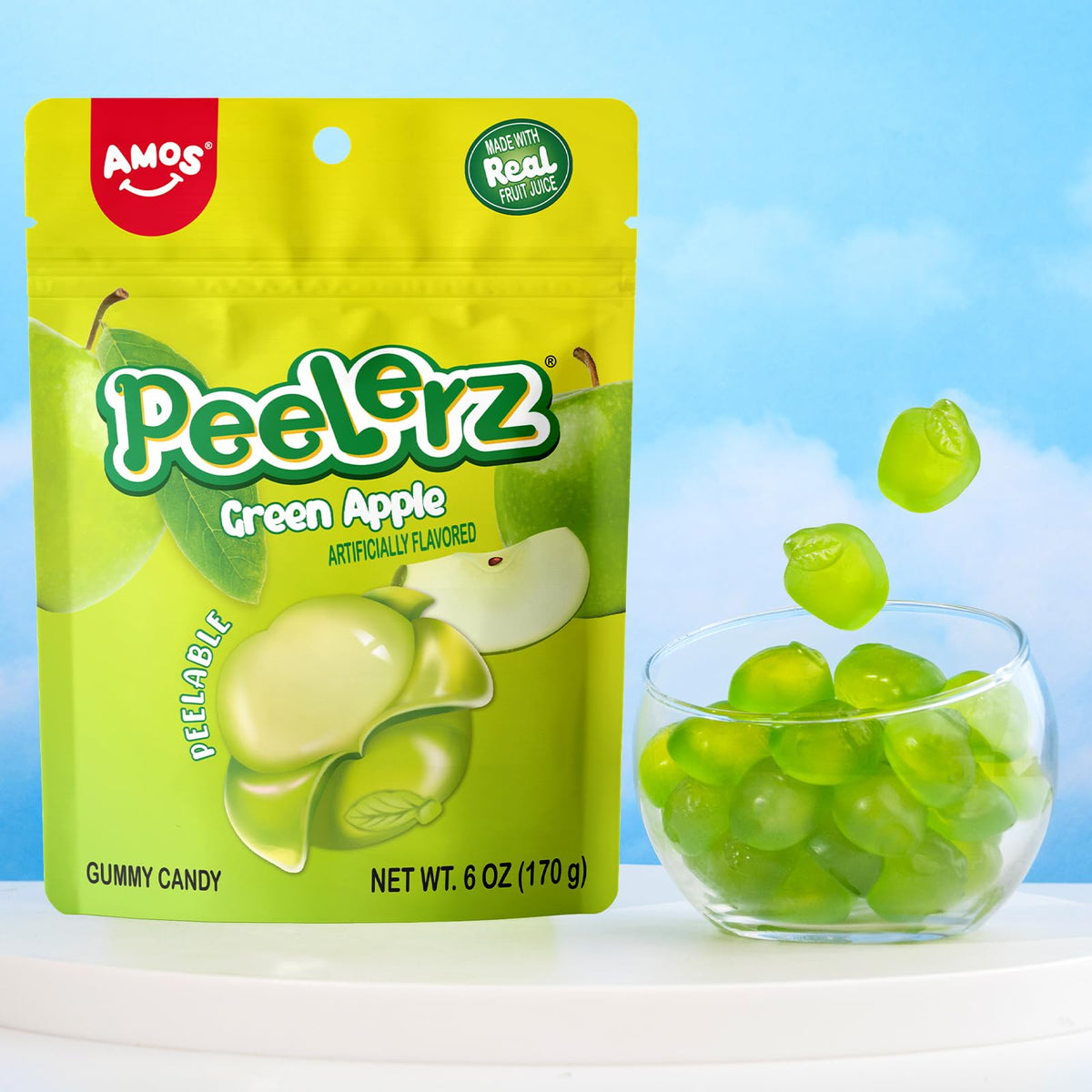 AMOS Peelerz green apple center after peeling delivers peach-flavored chewy center.