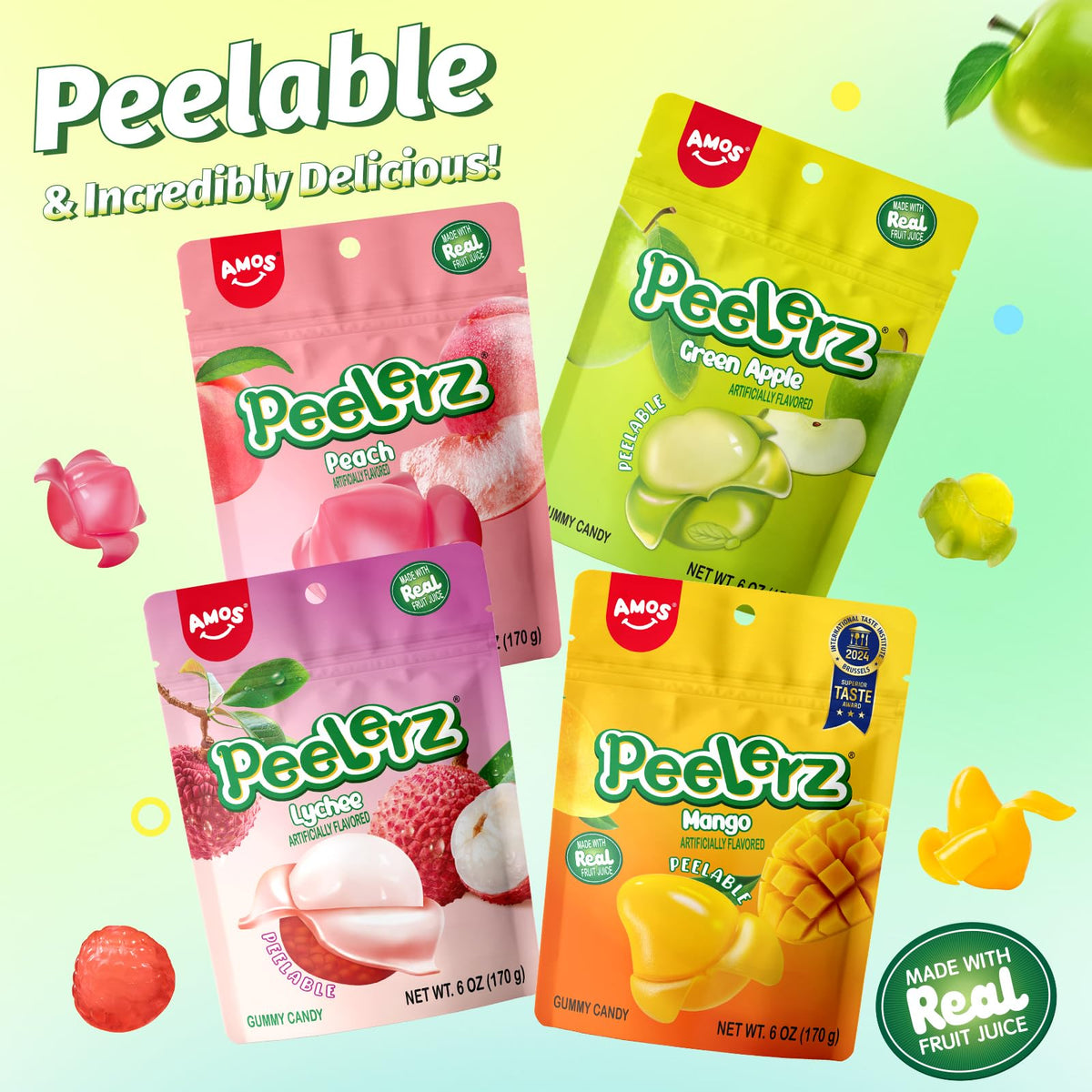 AMOS Peelerz lychee gummy peel reveal close-up showing juicy center