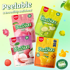 AMOS Peelerz lychee gummy peel reveal close-up showing juicy center