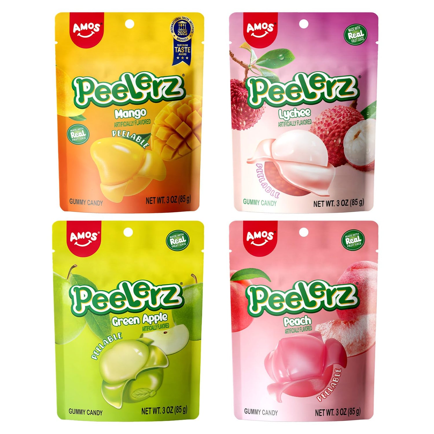 AMOS Peelerz Lychee Peel gummy close-up highlighting real fruit juice flavor for a tasty snack