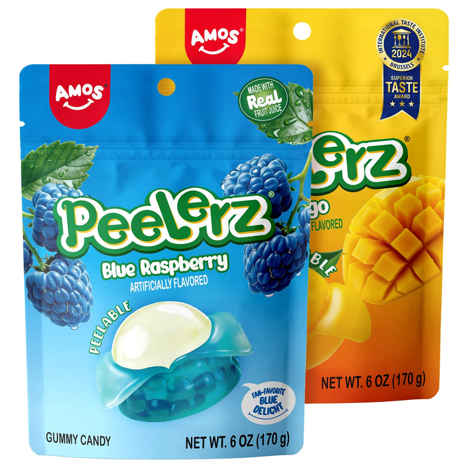 Amos Peelerz Mango-Blue Raspberry 2-pack front view, grab-and-go snack.