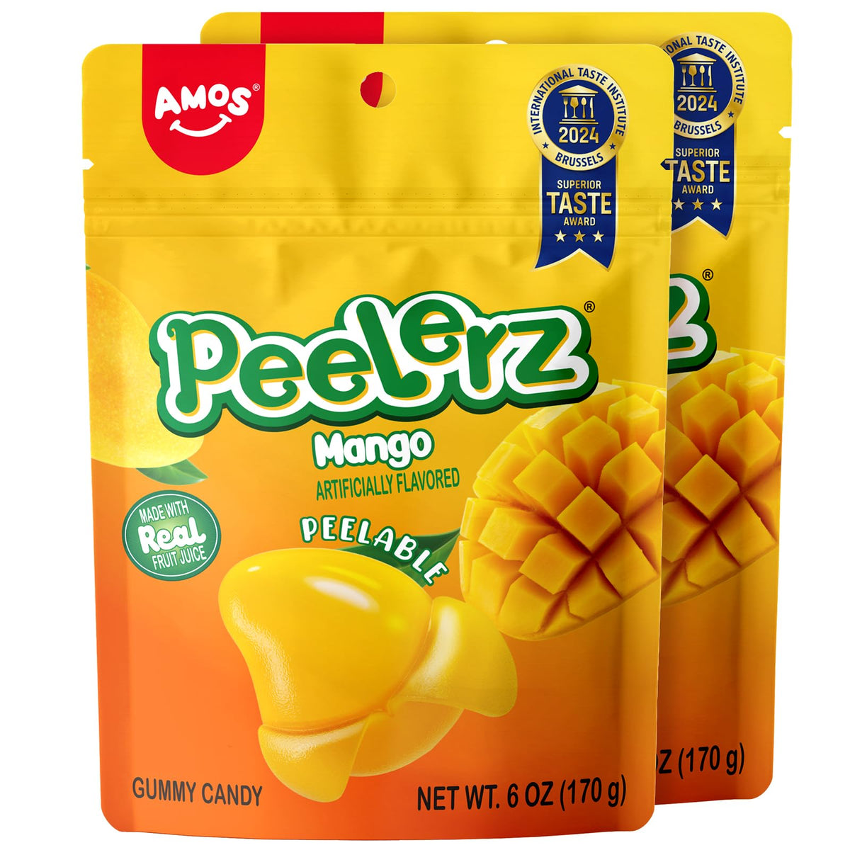 Amos Peelerz mango gummy peel invites playful peeling for kids.