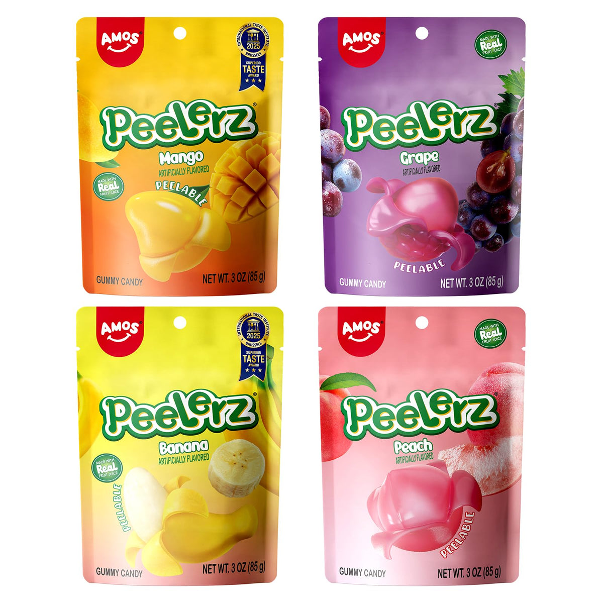 AMOS Peelerz mango peel gummy on bright packaging for on-the-go snacking
