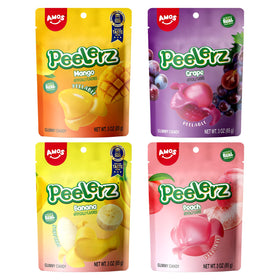 AMOS Peelerz mango peel gummy on bright packaging for on-the-go snacking