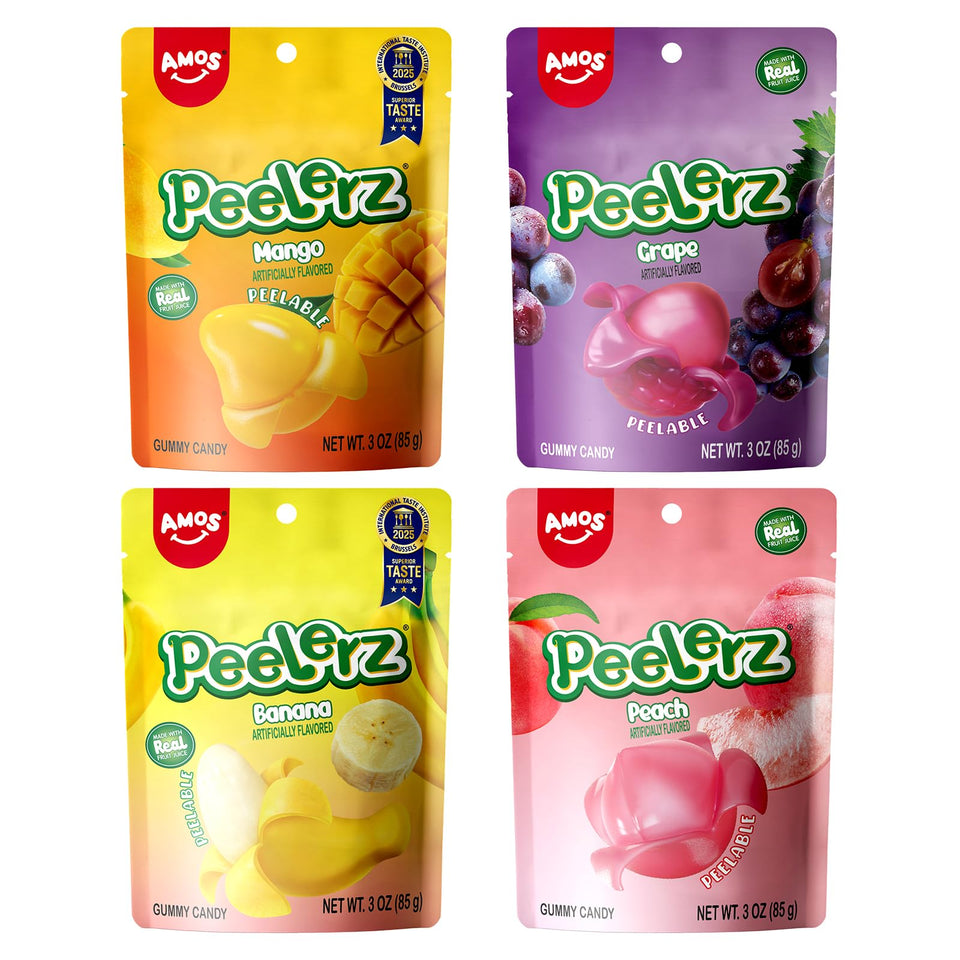 AMOS Peelerz mango peel gummy on bright packaging for on-the-go snacking