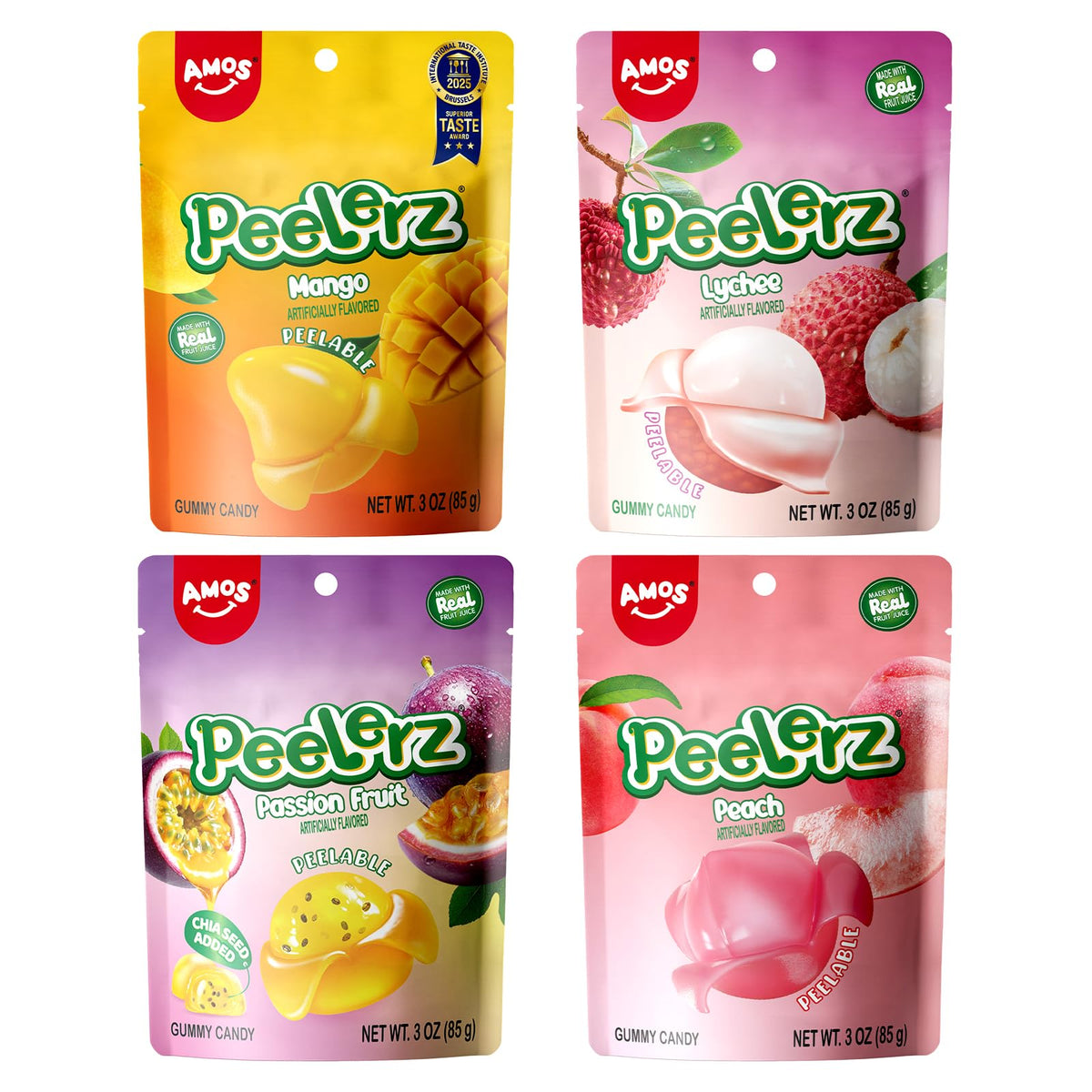 AMOS Peelerz Mango gummy with peelable layer for on-the-go snacking.
