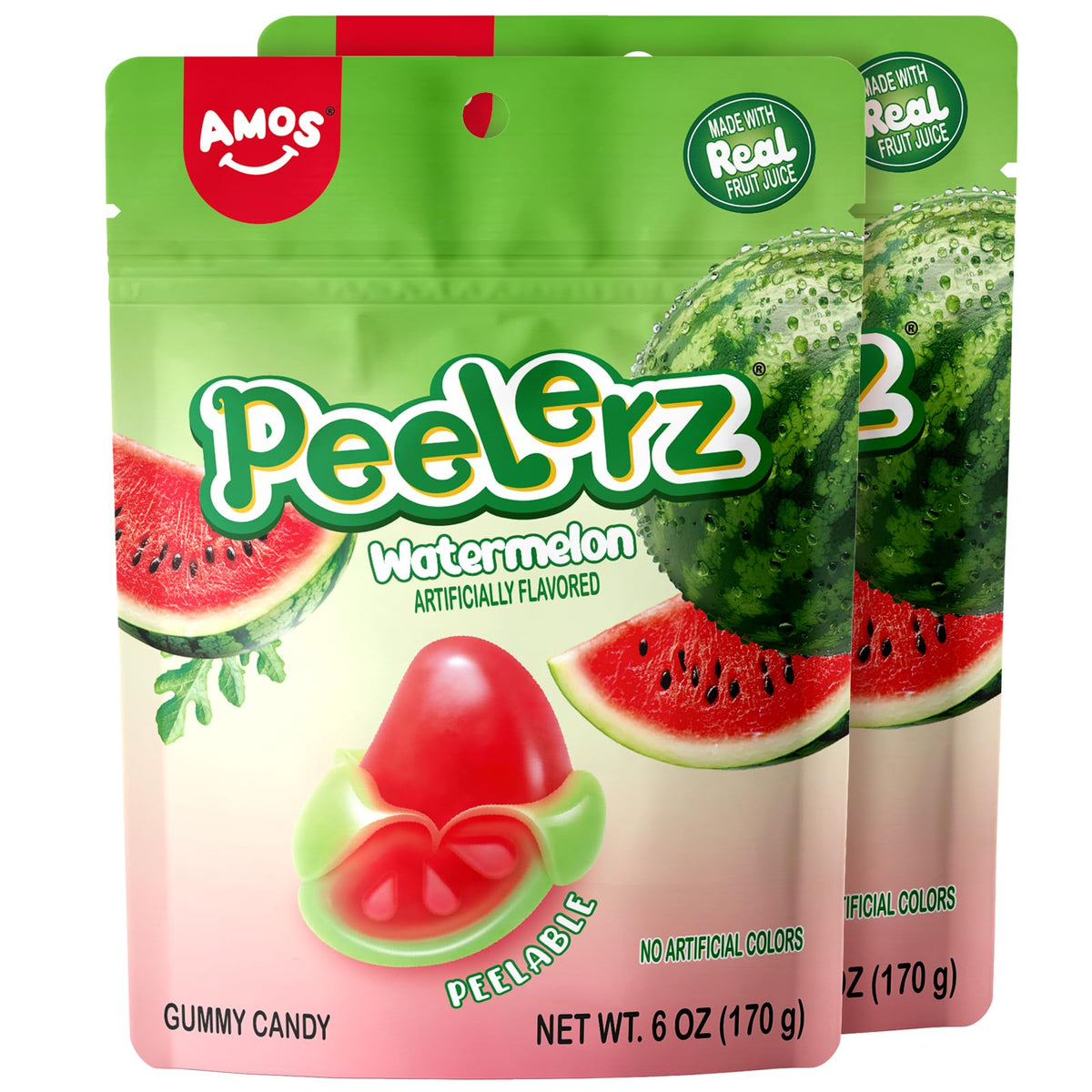 AMOS Peelerz Watermelon Peelable Gummy close-up, juicy real fruit flavor for on-the-go snacking