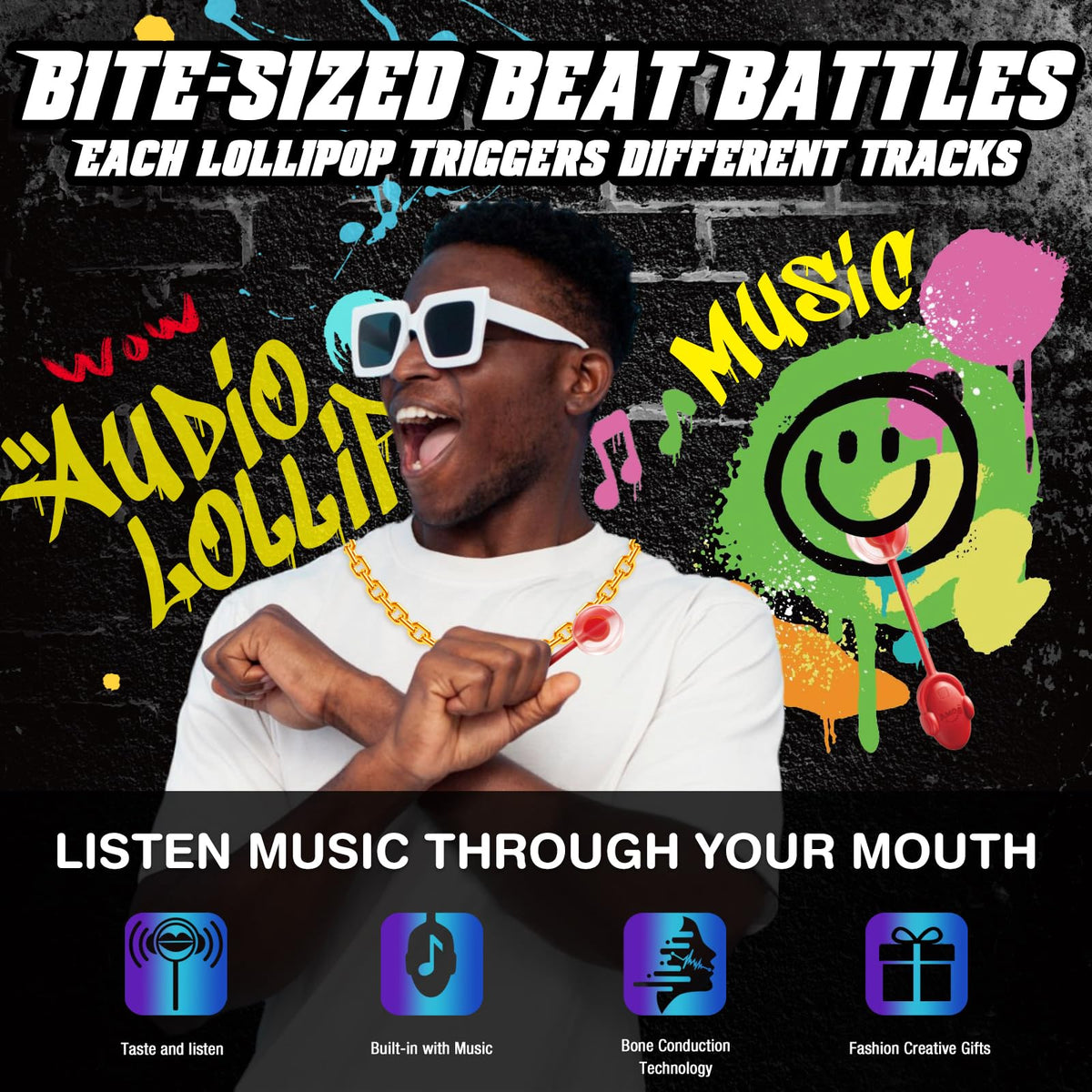 Amos Tasty Sounds hip hop audio lollipops highlight vibrant fruity flavors.
