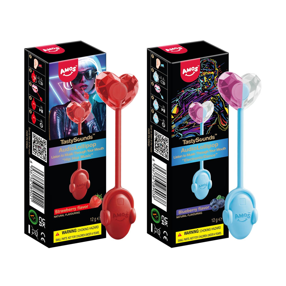 Amos TastySounds strawberry hiphop edition lollipop shows bone conduction for hands-free listening