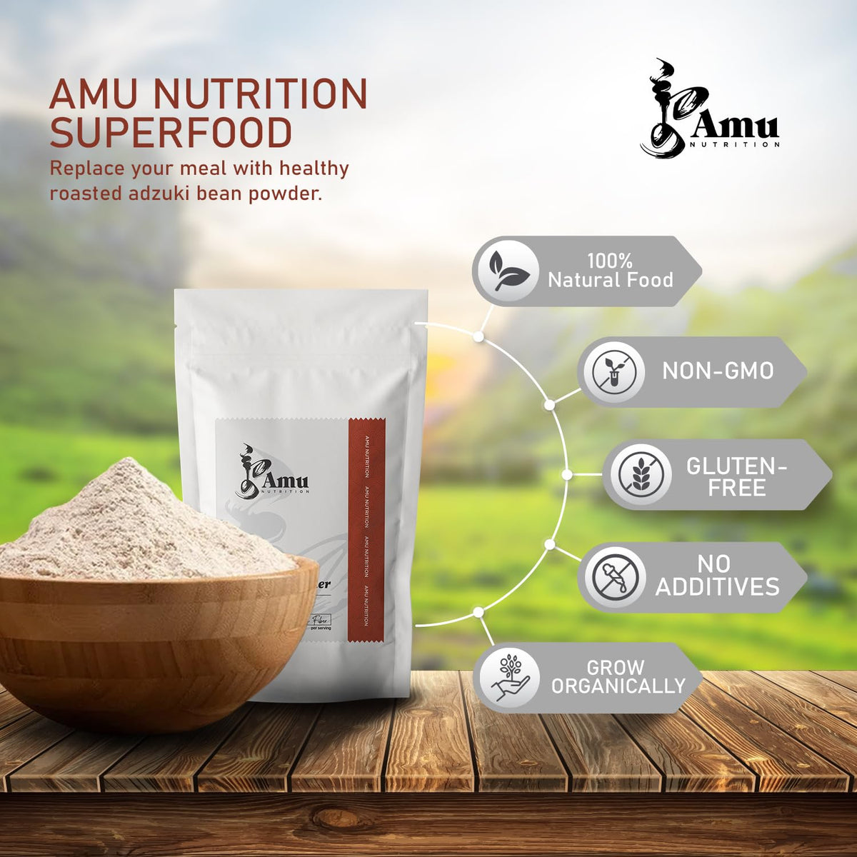 AMU Nutrition adzuki beans powder ingredients shot highlights Mongolian origin.
