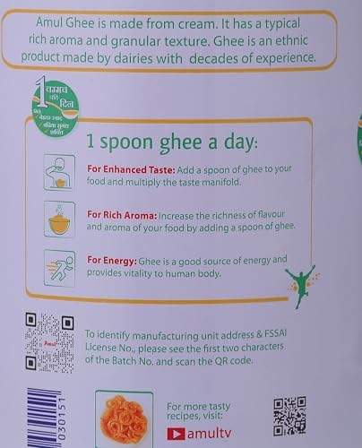 AMUL Pure Ghee label close-up, origin and ingredients highlighted.