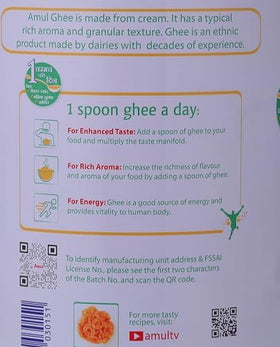 AMUL Pure Ghee label close-up, origin and ingredients highlighted.