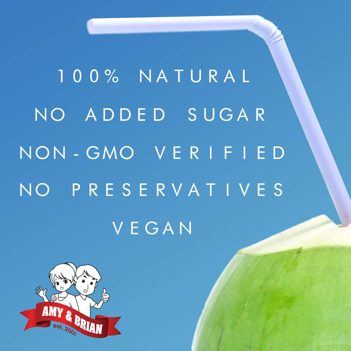 Amy & Brian Original label closeup—non-GMO credentials and pure coconut taste.