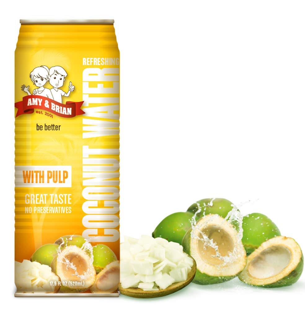 Amy and Brian Coconut Water with Pulp Bottle shows texture and real coconut flavor.