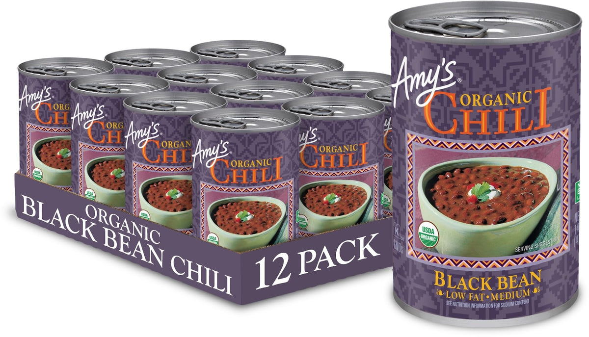 Amy's Organic Black Bean Chili can with vegan, gluten-free ingredients for quick meals