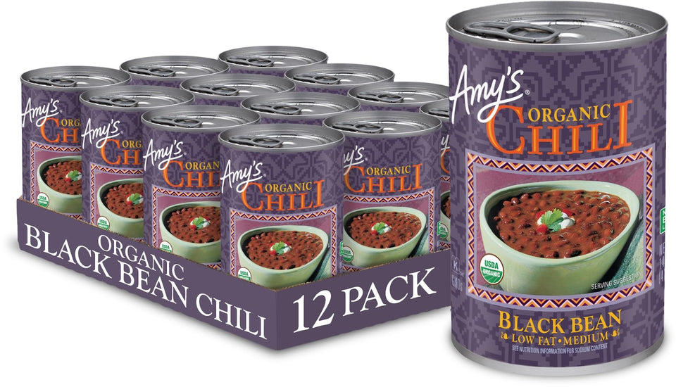 Amy's Organic Black Bean Chili can with vegan, gluten-free ingredients for quick meals