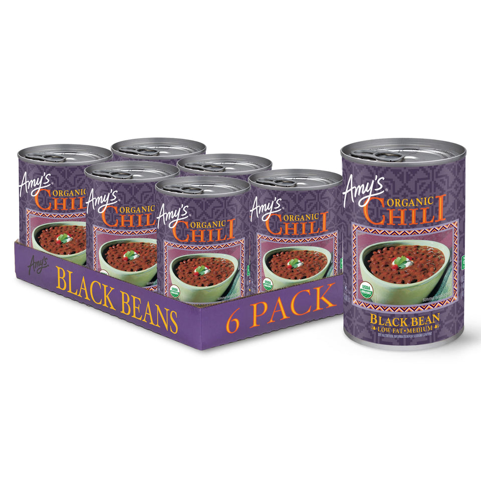 Amy's Chili Black Bean Medium Spice six-pack cans for quick meals