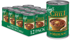 Amy's chili jalapeño cans on shelf, ready-to-heat convenience for busy weeknights