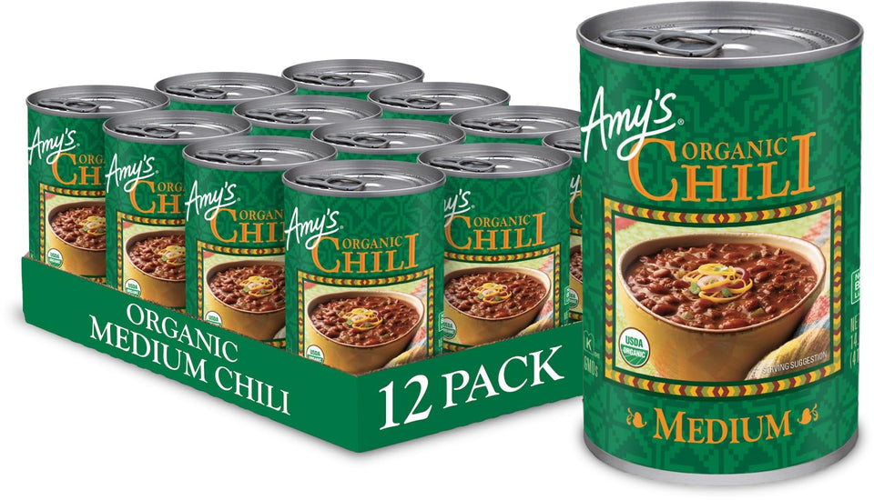 Amy's chili jalapeño cans on shelf, ready-to-heat convenience for busy weeknights