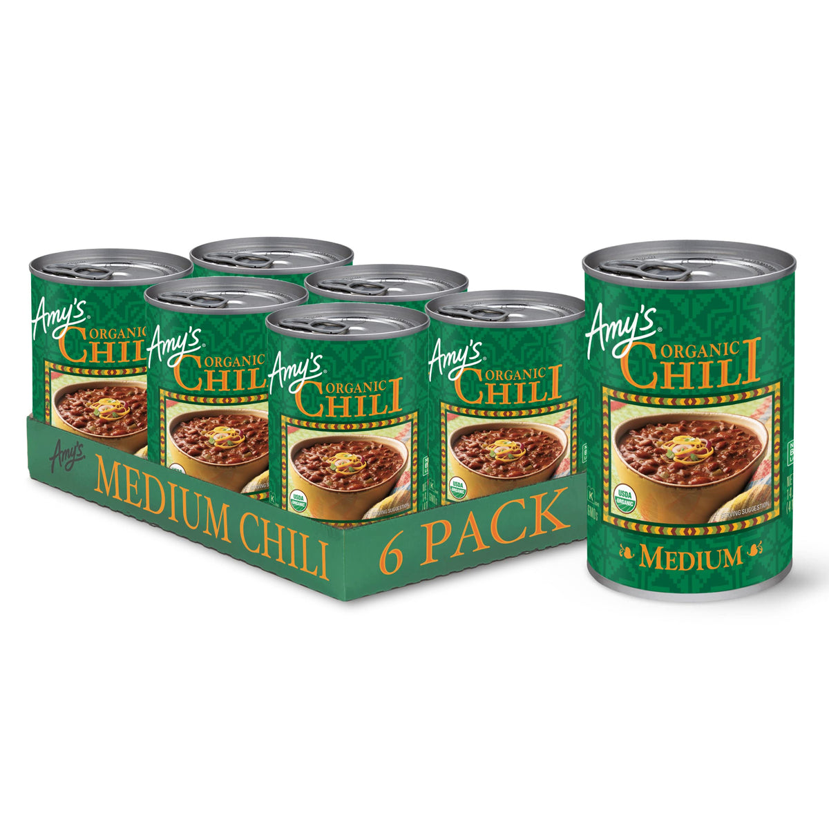 Amy's Chili organic medium-spice tin stack ready for weeknight dinners