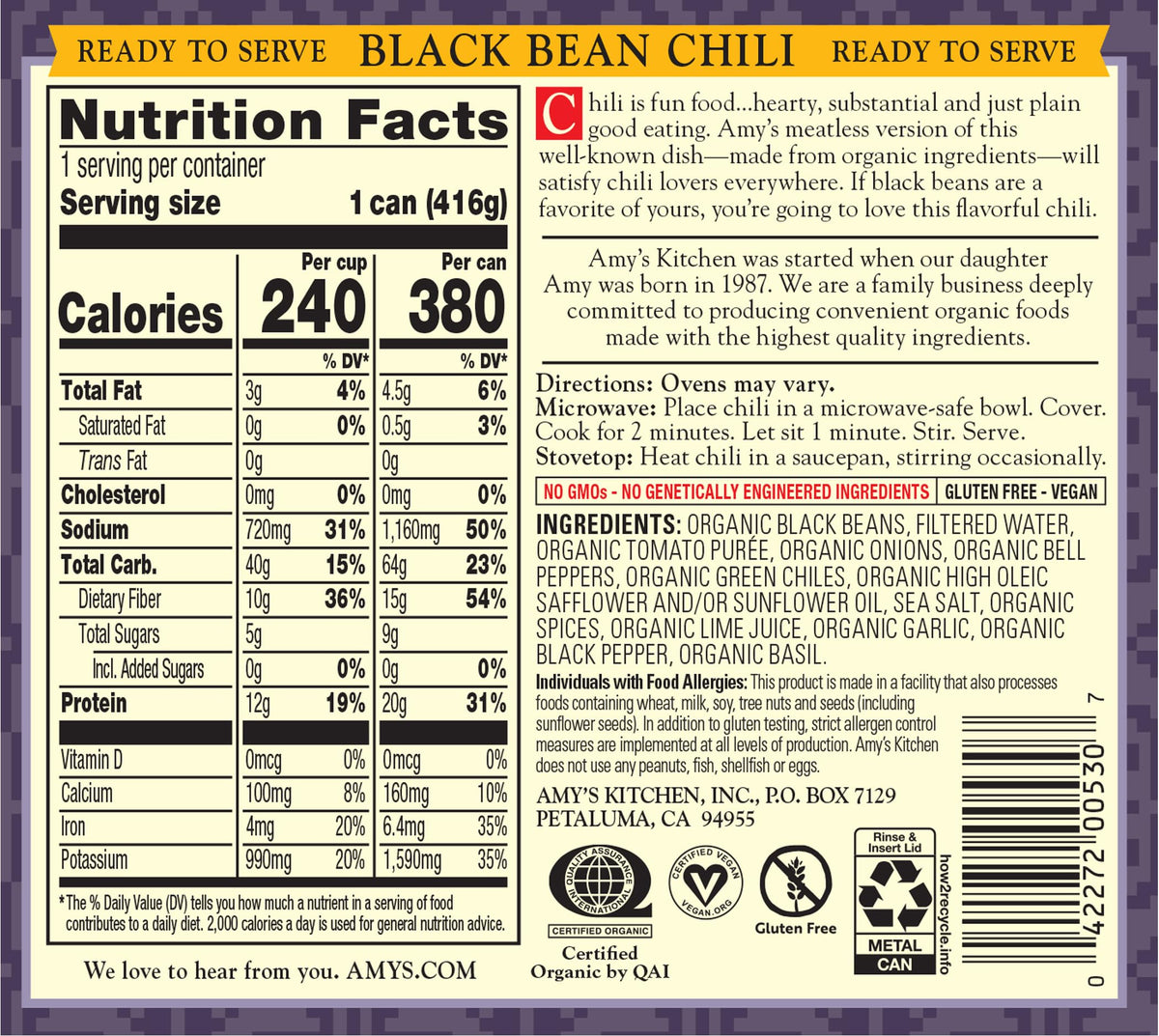Vegan and gluten-free certifications on Amy's chili packaging