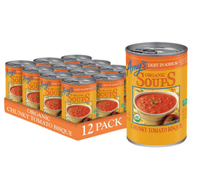 Amy's Chunky Tomato Bisque 14.5 oz can in a 12-pack for easy stocking.