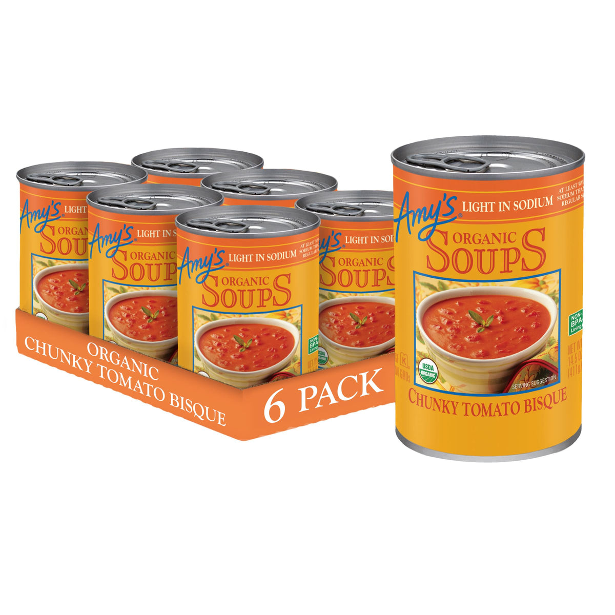Amy's Chunky Tomato Bisque cans on shelf for quick vegetarian lunches