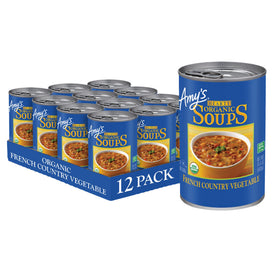 Amy's French Country Vegetable Soup can front with USDA Organic certification.