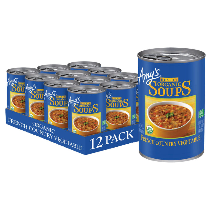Amy's French Country Vegetable Soup can front with USDA Organic certification.