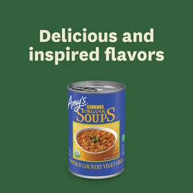 Stovetop simmer of Amy's soup in a saucepan.