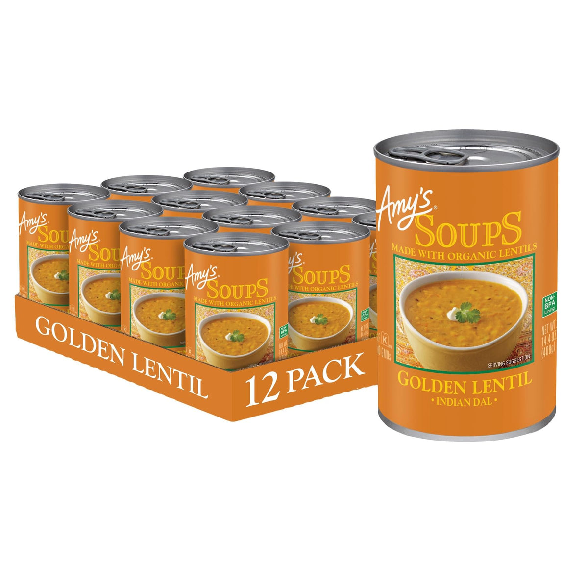 Amy's Golden Lentil Soup pack of 12 cans front view, ideal for quick plant-based lunches.