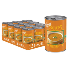 Amy's Golden Lentil Soup pack of 12 cans front view, ideal for quick plant-based lunches.