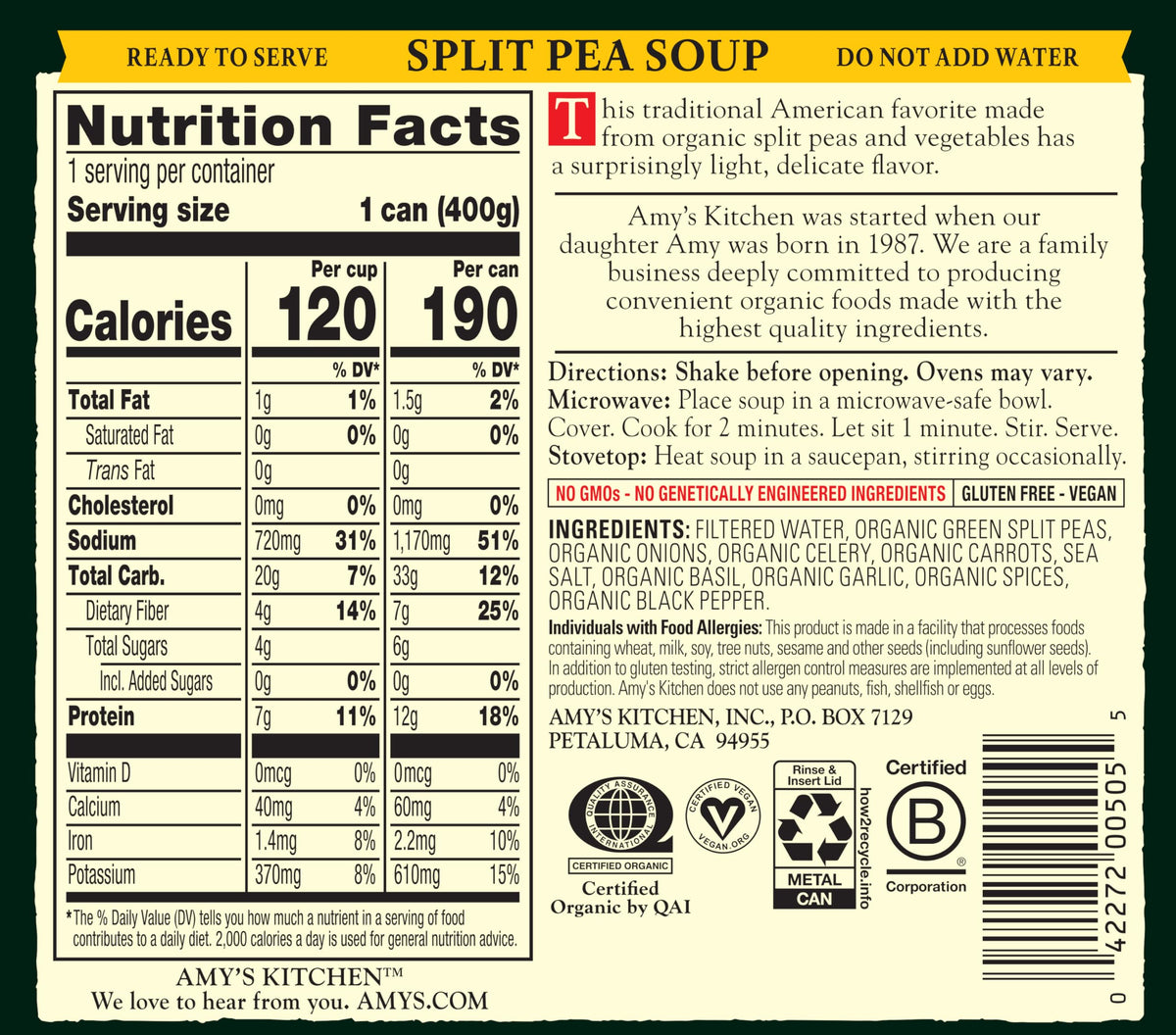 Amy's kosher-certified can with nutrition facts panel visible.
