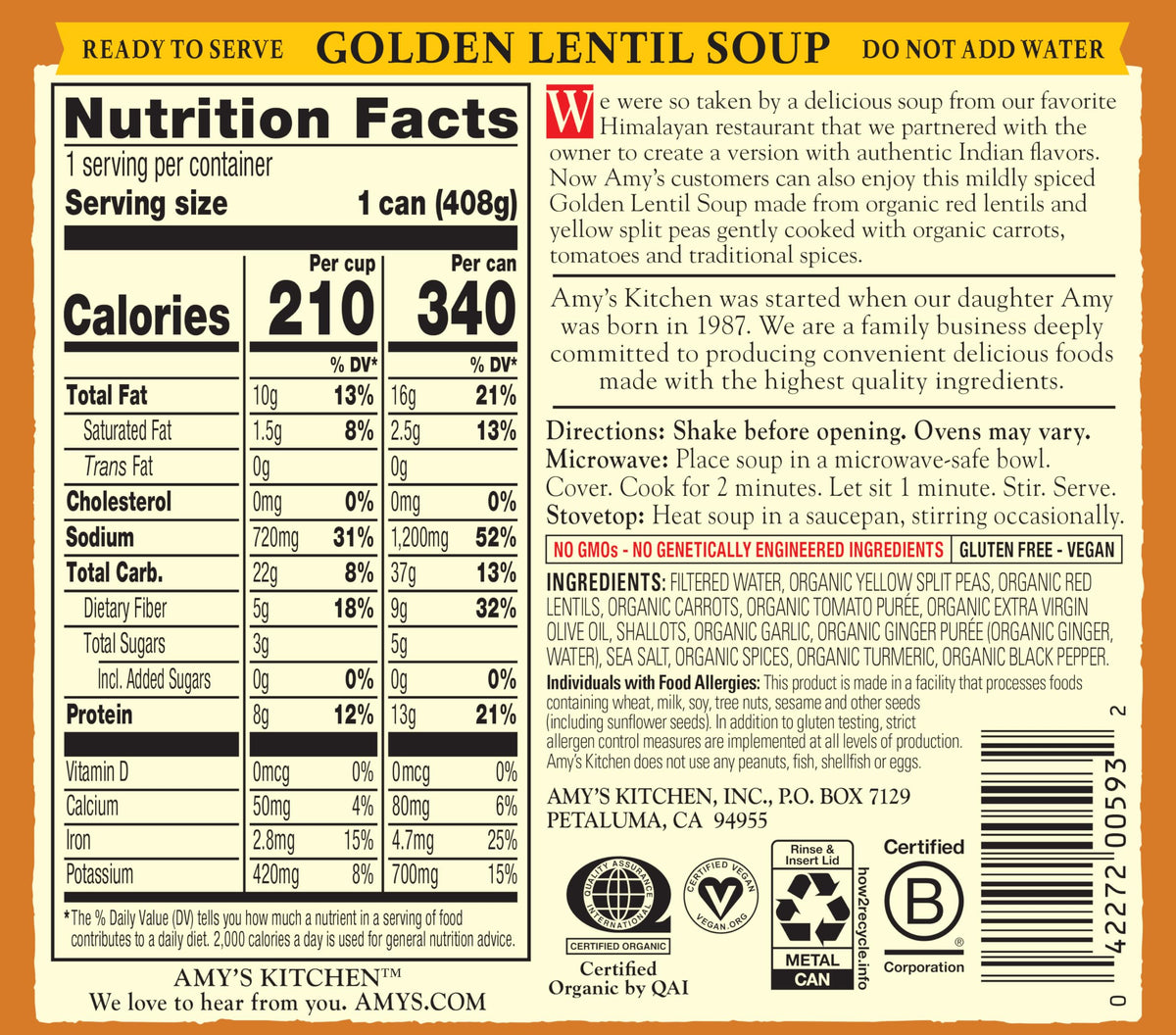 Amy's Kosher-certified soup, accessible for many meals.